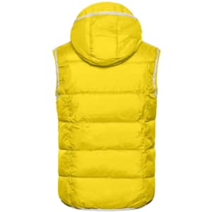 A bright yellow padded men's vest with a hood, featuring a logo on the back.