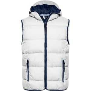 A white and navy men's lightweight vest with a hood, featuring zippered pockets and puffy design.