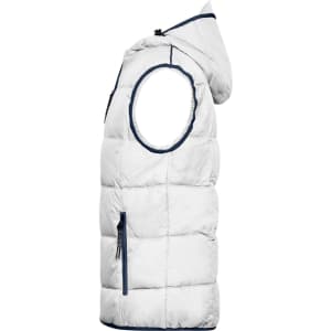 A white padded men's vest with a hood and navy trim, featuring an open arm design and a front zipper pocket.
