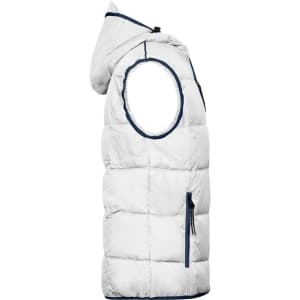 A white hooded vest with a puffy design and navy accents, featuring zippered pockets and one side view visible.