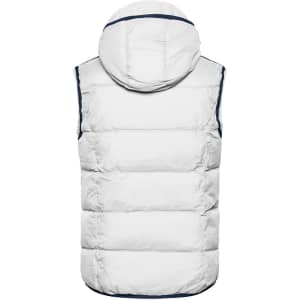 A white puffy men's vest with a hood, featuring a navy trim and a logo.