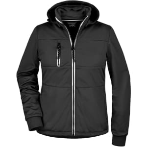A black maritime jacket featuring a hood, zippered front, and pockets, equipped with a logo.