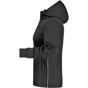 A black ladies' maritime rain jacket featuring a hood and zippered pockets, with a logo on the design.