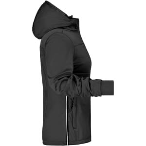 A black ladies' maritime jacket with a hood, featuring zippered pockets and a fitted design.