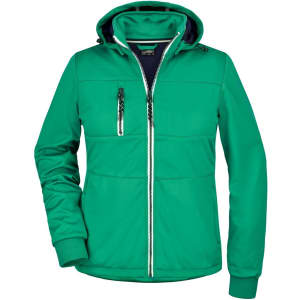 A green ladies maritime jacket featuring a hood and zippered pockets, with a contrasting interior. It has a logo.