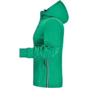 A green women's rain jacket with a hood, featuring side pockets and a fitted silhouette.