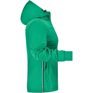 A green ladies' maritime jacket with a hood, featuring zippered pockets and a fitted design. Includes a logo.