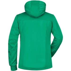 A green ladies maritime jacket with a hood, featuring a smooth, water-resistant exterior and a logo on the back.
