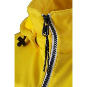 A yellow maritime jacket with a high collar and a zippered front, featuring black drawstrings and detailing.