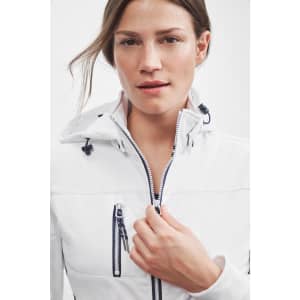 A white Ladies Maritime Jacket with a hood, featuring zippered pockets and a logo.