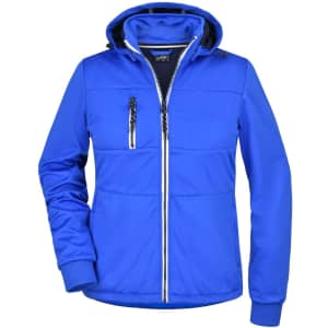 A blue ladies' maritime jacket with a hood, featuring a front zip and a zippered chest pocket. It has a logo.