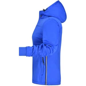 A blue ladies' maritime jacket featuring a hood, zip pockets, and a fitted design. Includes a logo.