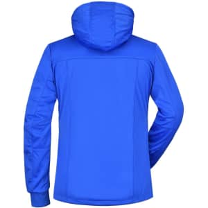 A blue ladies' maritime rain jacket with a hood and a smooth finish, featuring a logo on the back.