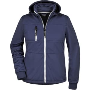 A navy rain jacket featuring a zip front, hood, and pockets, with a sleek, modern design and a logo.