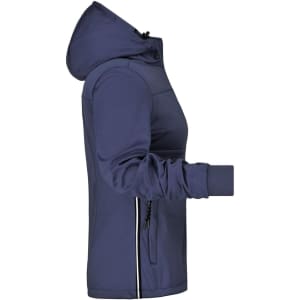 A ladies' maritime jacket in navy blue, featuring a hood and zippered pockets, with a logo on the side.