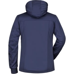 A navy blue ladies' maritime jacket featuring a hood and a sleek back design. It has a logo.