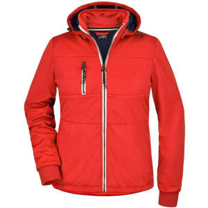 A red maritime jacket with a hood, featuring a zip front and side pockets, and includes a logo.