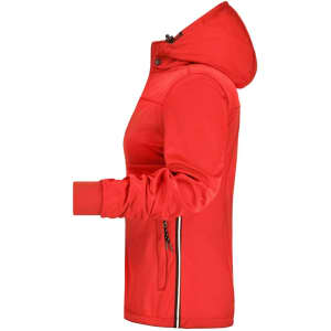 A red ladies' maritime jacket featuring a hood and zippered pockets, with a logo displayed on the front.