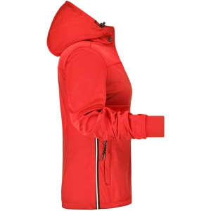 A red rain jacket for women, featuring a hood and zippered pockets, with a logo on the design.