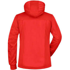 A red ladies' maritime jacket with a hood, featuring a logo on the back. Ideal for rain protection.