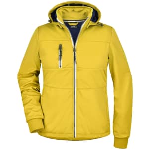 A yellow ladies maritime jacket featuring a hood, zippered front, and two zippered pockets, with a contrasting blue lining.