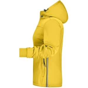 A yellow ladies' maritime jacket with a hood, featuring side zip pockets and a branded logo.