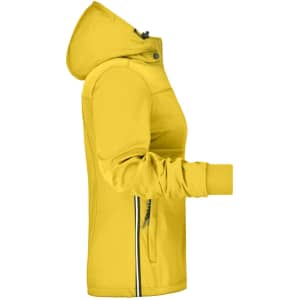 A yellow ladies' maritime jacket with a hood, featuring zippered pockets and a fitted design. Includes a logo.