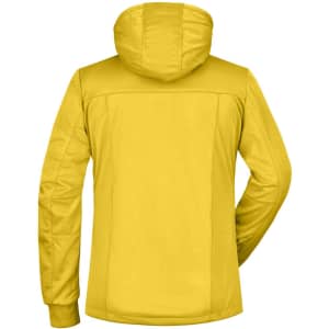 A yellow ladies maritime jacket featuring a hood and a simple design. The jacket has a logo on it.
