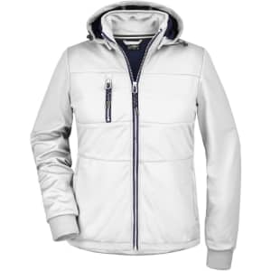 A ladies maritime jacket in white, featuring a hood and zippered pockets, with a logo on the chest.