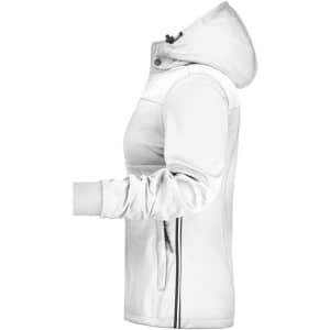 A white ladies' maritime jacket with a hood and side pockets. It features a logo on the chest.