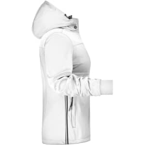 A white ladies' maritime jacket featuring a hood, side zip pockets, and a fitted design. It has a logo on the front.
