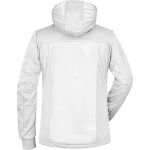 A white ladies' maritime jacket with a hood, featuring a sleek, modern design and a logo on the back.