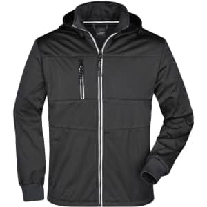 A black men's maritime jacket with a hood, zippered front, and pockets, featuring a logo on the chest.