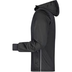 A black men's maritime jacket featuring a hood, zippered pockets, and elastic cuffs. It has a logo on the sleeve.