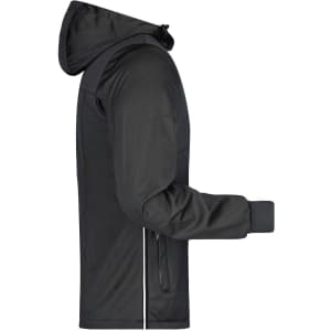 A men's maritime jacket in black, featuring a hood and full-length sleeves. It includes a logo on the design.