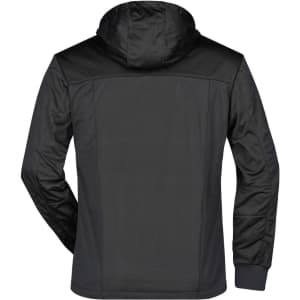 A black maritime jacket showcasing a sleek design with a hood and a logo on the back.