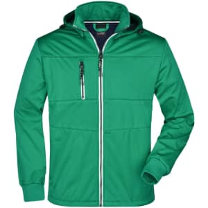 A green men's maritime jacket featuring a front zipper, hood, and chest pocket. It has a logo on one side.