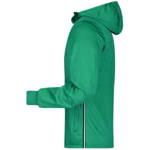 A green men's maritime jacket with a hood and side zip pockets, featuring a logo on the sleeve.