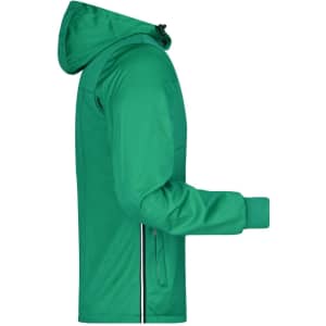 A green men's maritime jacket, featuring a hood and zippered closure, with a fitted design and visible logo.