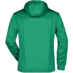 A green men's maritime jacket with a hood, featuring a simple design and a logo on the back.