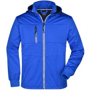 A blue men's maritime jacket with a hood, featuring zippered pockets and a sleek design. It has branding on it.
