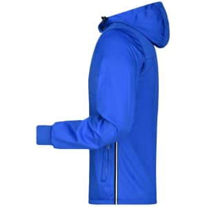 A bright blue men's maritime jacket featuring a hood and zippered pockets. The jacket has a logo on it.
