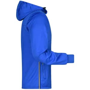 A blue men's maritime jacket featuring a hood and zippered pockets, with a logo on the front.
