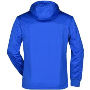 A blue men's maritime jacket with a hood, featuring a simple design and logo on the back.