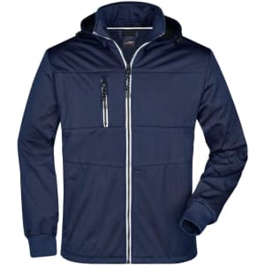 A navy blue men's maritime jacket featuring a hood, zippered front, and two pockets, with a logo on the chest.