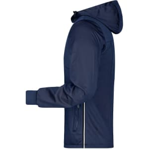 A navy men's maritime jacket featuring a hood and zippered pocket, crafted for inclement weather.