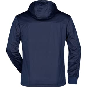 A navy blue men's maritime rain jacket featuring a hood and long sleeves, with a simple design and a logo.