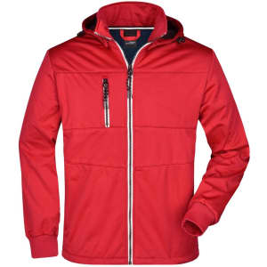 A red men's maritime jacket featuring a zip front, hood, and a zippered chest pocket. It has a logo on the front.