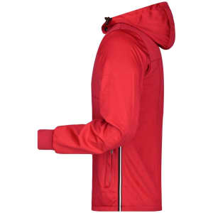 A red men's maritime rain jacket features a hood and a zippered pocket, with contrasting cuffs and trim.