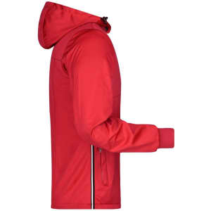 A red men's maritime jacket, featuring a hood and zippered pockets, with a sleek, waterproof design.